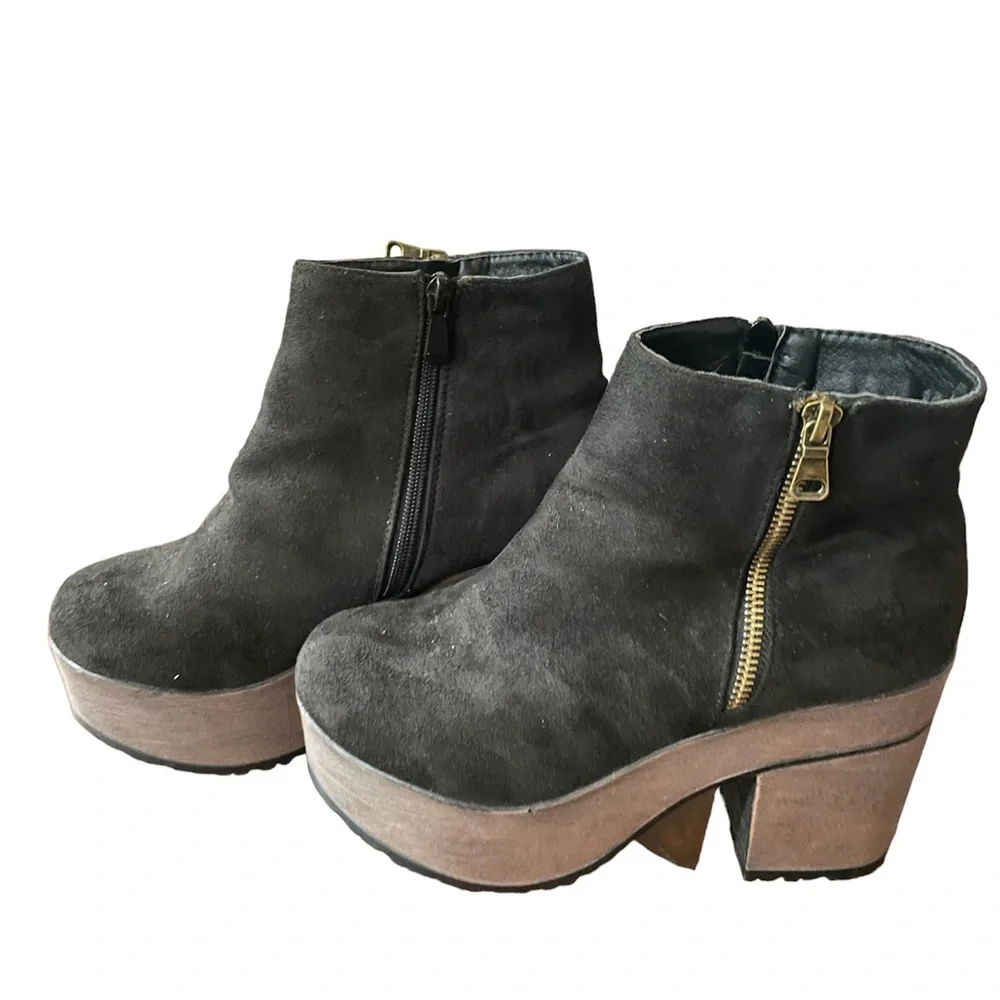 Black vegan suede platform ankle boots with gold zipper, light weight & comfy. - Picture 3 of 7